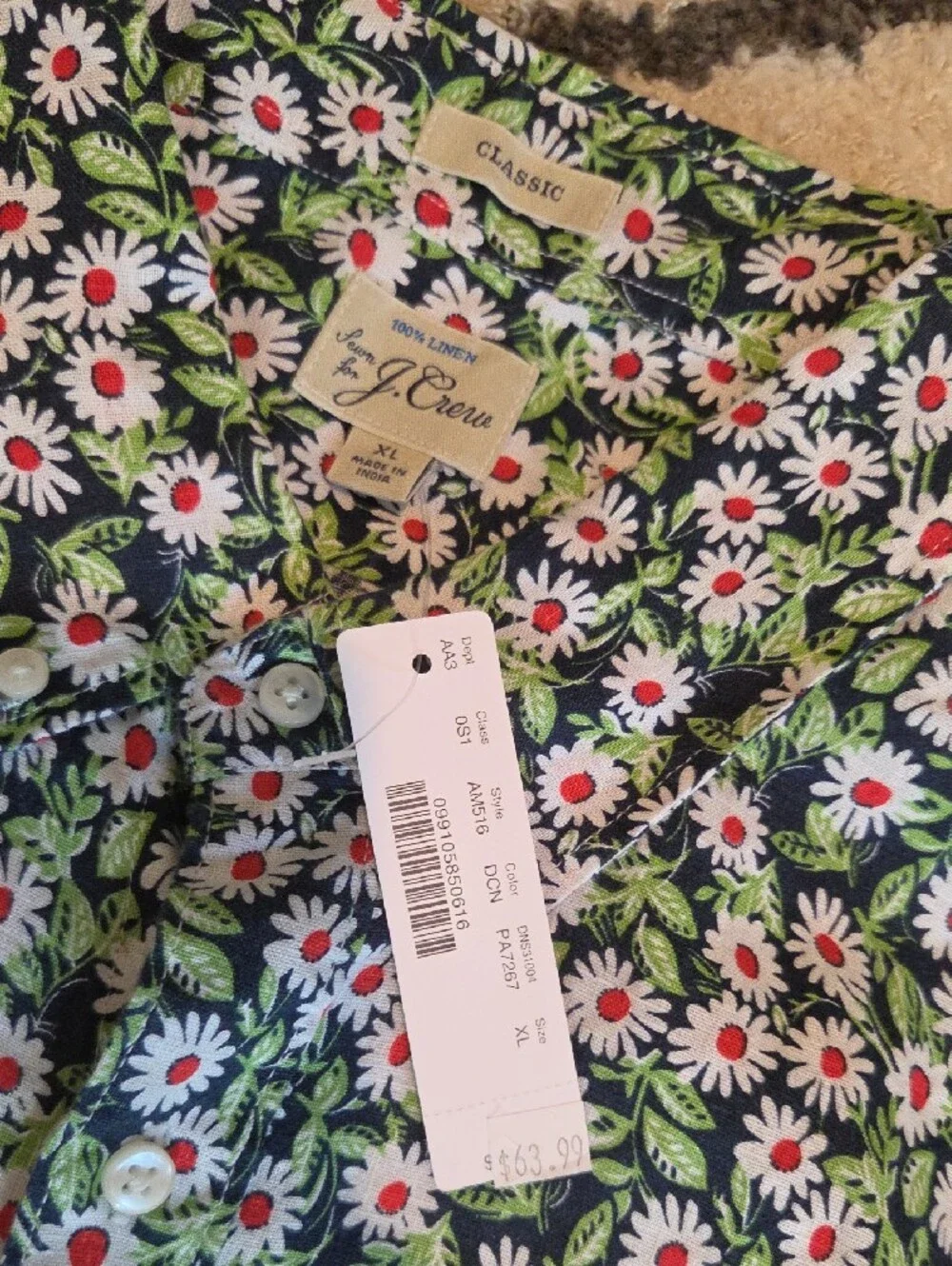 J. Crew Men's Short-Sleeve Button-Down Shirt - Green Floral Daisy Print